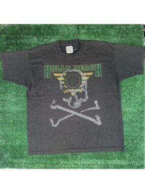 Vintage 90s Holly Beach Louisiana Skull T-Shirt Black XL Bedazzled Single Stitch